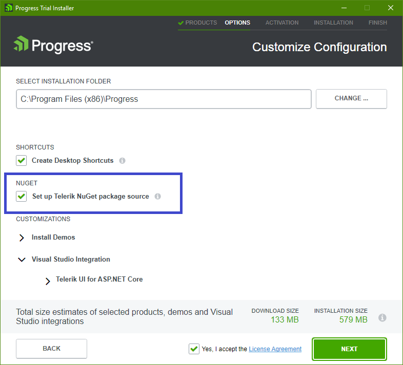 用户界面为ASP。网络核心NuGet checkbox in Progress Trial Installer