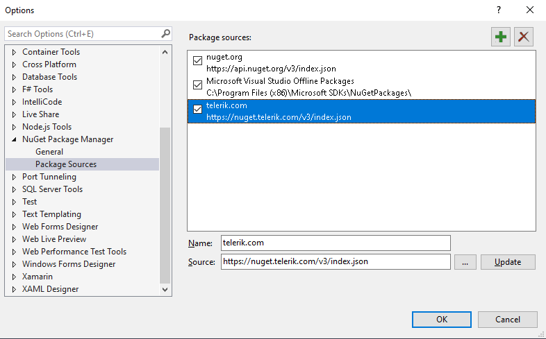 在Visual Studio中添加Telerik NuGet提要
