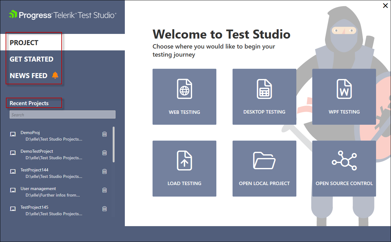 启动Test Studio欢迎屏幕